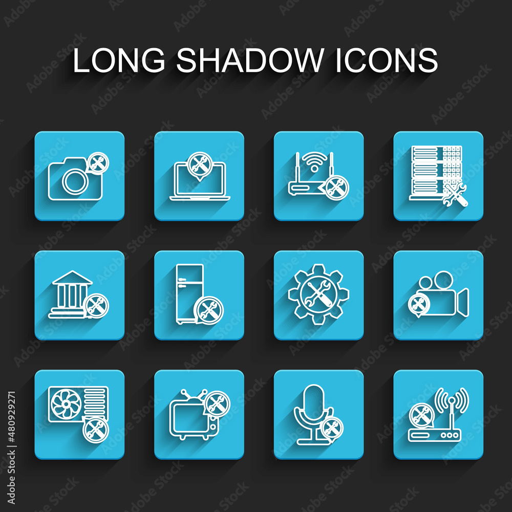 Set line Air conditioner service, Tv, Photo camera, Microphone, Router wi-fi, Refrigerator, Video and Wrench and screwdriver in gear icon. Vector Set line Air conditioner service, Tv, Photo camera, Microphone, Router wi-fi, Refrigerator, Video and Wrench and screwdriver in gear icon. Vector