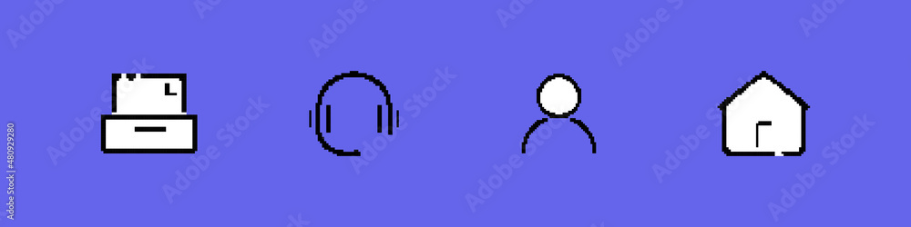 Contact us icon set. Fax, headphone, operator and house sign. Pixel style. Vector line icon for Business and Advertising