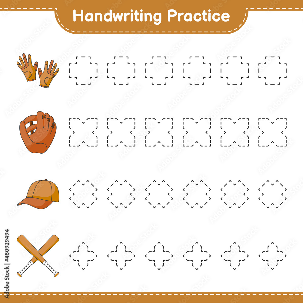 Handwriting practice. Tracing lines of Baseball Glove, Golf Gloves, Cap