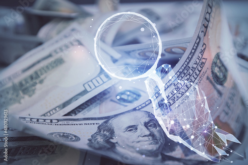 Double exposure of startup drawing over usa dollars bill background. Young business concept. © peshkova