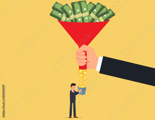 Exploitation system. giant hand holding funnel to filter gold coins to small businessman