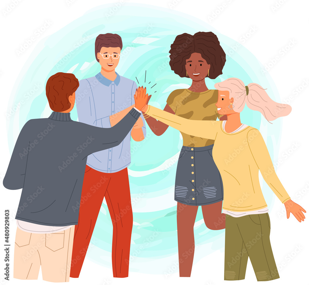 People giving high five, standing with hands together. Men and women greeting each other. Cartoon characters give five and rejoice. Happy team, colleagues during greeting isolated on white background People giving high five, standing with hands together. Men and women greeting each other. Cartoon characters give five and rejoice. Happy team, colleagues during greeting isolated on white background