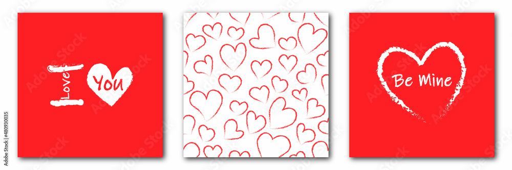 Set of Seamless pattern with hearts and vector elements with heart. Valentines day. Vector illustration