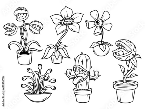 Set of monster flowers and plants. Collection of Halloween flower predatory. Spooky plants. Vector illustration of scary festive nature. Drawing with children.