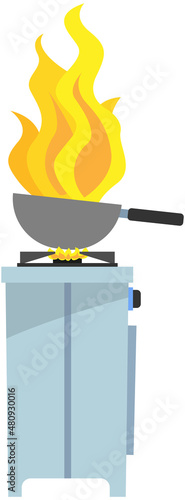 Deep wok frying pan on kitchen gas stove. Saucepan with fire for dishes preparation. Kitchen equipment for cook. Cooking surface with utensils, kitchenware element for hot frying of products