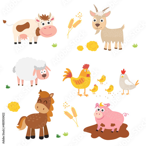 Fototapeta Naklejka Na Ścianę i Meble -  Farm animals. Cow, horse, pig, goat, sheep, chicken, chickens, rooster.