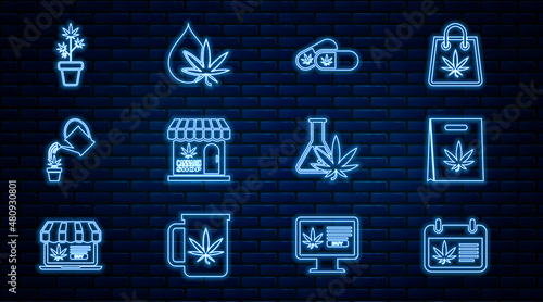 Set line Calendar and marijuana, Shopping bag of, Medical pills with, Marijuana cannabis store, Watering, plant pot, Test tube and leaf oil icon. Vector