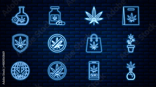 Set line Test tube with marijuana, Marijuana plant in pot, or cannabis leaf, Stop, Shield and, Shopping bag of and Medical bottle icon. Vector