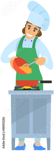 Wallpaper Mural Professional chef stands with bowl and frying pan on stove. Woman preparing dish, adding ingredient to meal. Chef works with kitchen equipment to prepare food. Lady adds ingredients to hot dish Torontodigital.ca