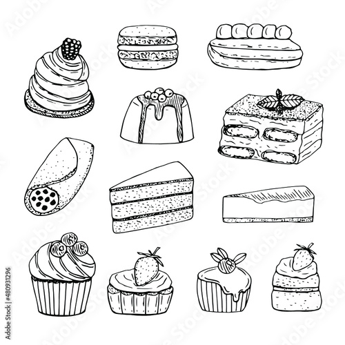 Set of popular cakes vector illustration, hand drawing sketch