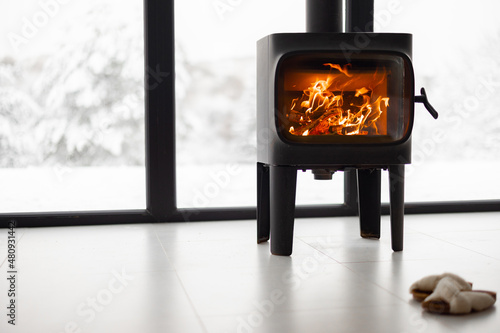 Cozy living space by the burning fireplace near window with beautiful snowy landscape behind Fototapet