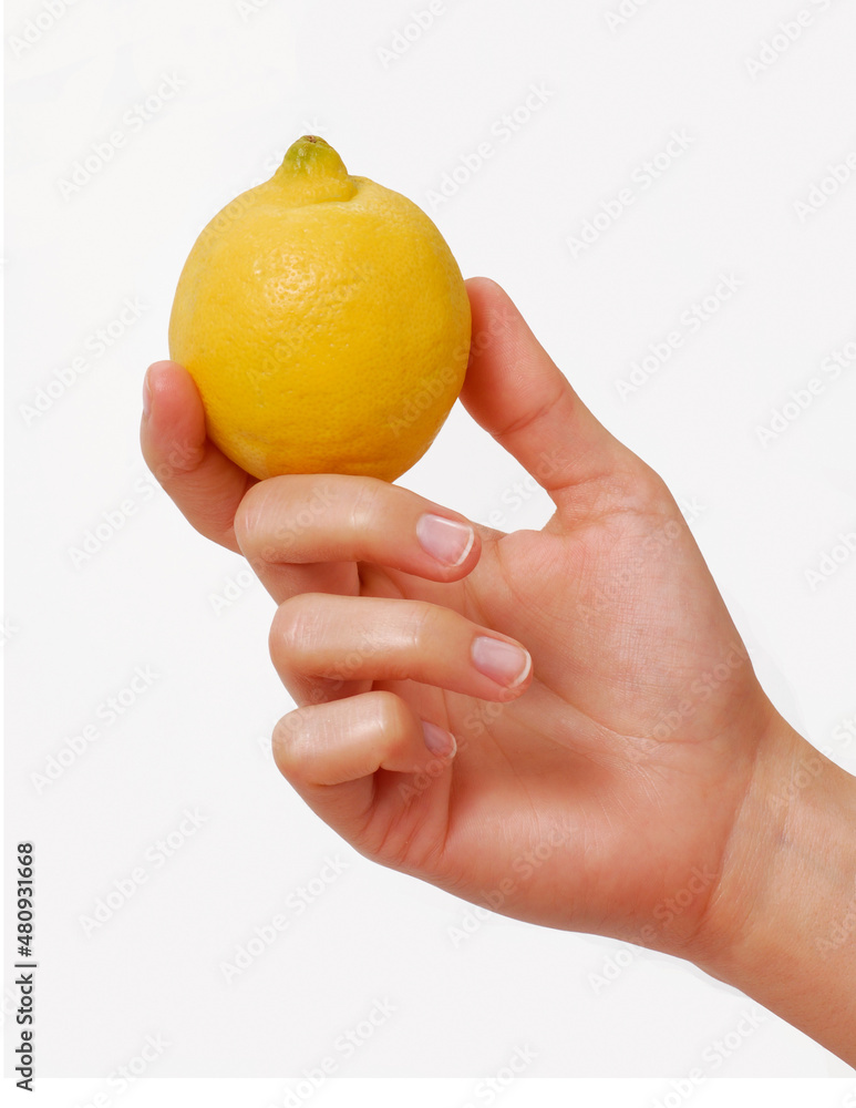 Female hand hold a yellow lemon isolated on white background. Female hand hold a yellow lemon isolated on white background.
