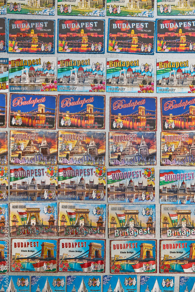 Fototapeta premium Budapest and hungarian picturesque souvenirs magnets. Traditional ornament gifts