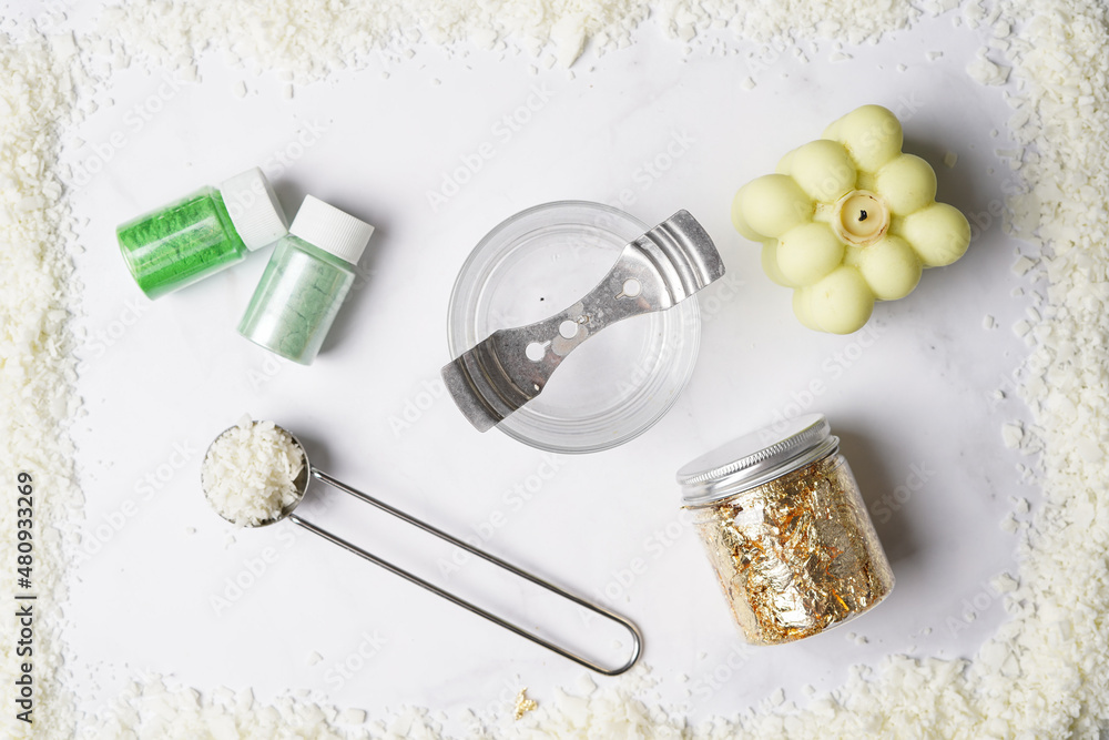 Tools and supply for candle-making: wicks, soy and coconut wax, gold foil, colors and aroma oils, bubble candle Tools and supply for candle-making: wicks, soy and coconut wax, gold foil, colors and aroma oils, bubble candle