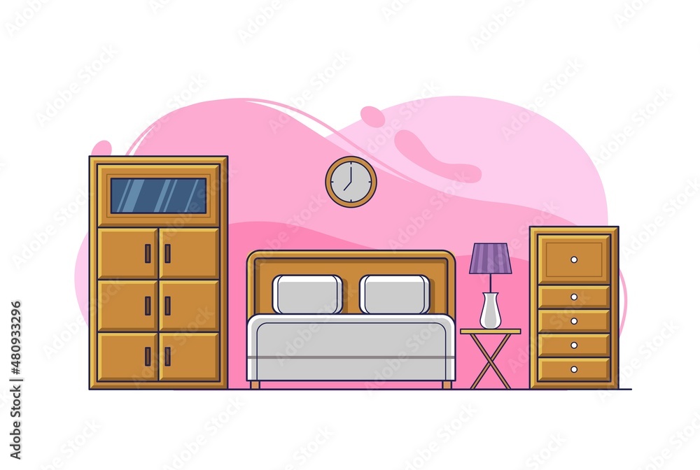 Bedroom with bed, pillow, clock, lamp and cabinet cute home interior illustration design Bedroom with bed, pillow, clock, lamp and cabinet cute home interior illustration design