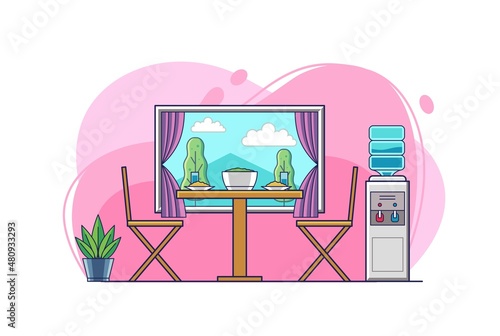 Dining room with chair, table, foods, and dispenser cute home interior illustration design