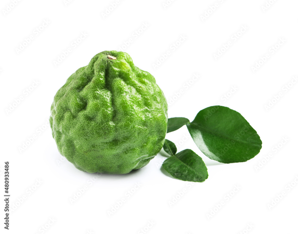 Fresh ripe bergamot fruit and green leaves on white background Fresh ripe bergamot fruit and green leaves on white background