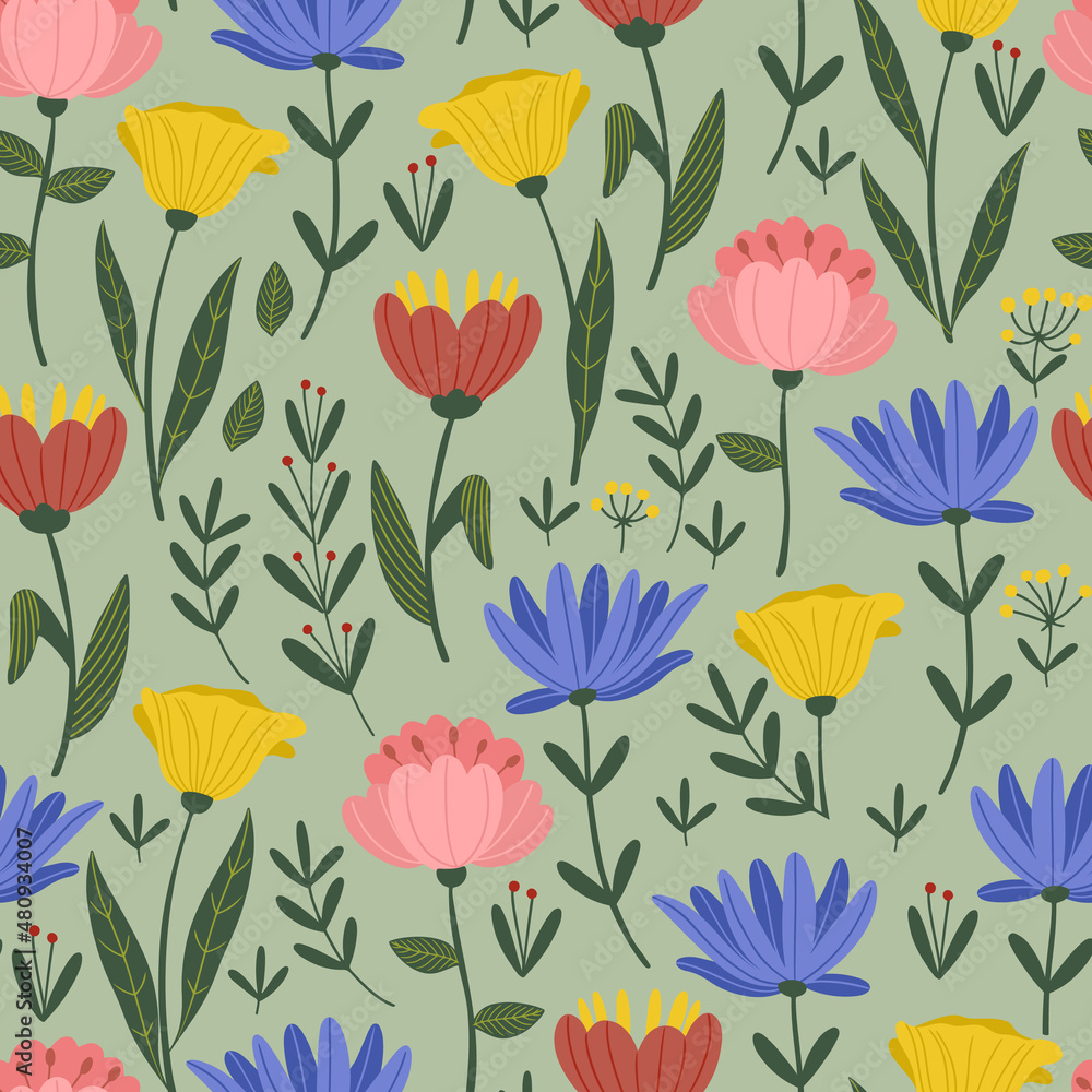Flower field hand drawn vector seamless pattern, different spring flowers on a stem