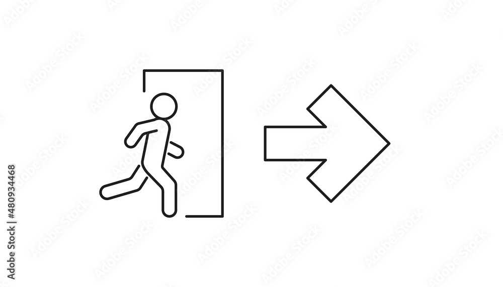 Emergency exit line, escape sign with arrow, exit person out door for