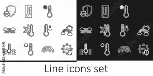Set line UV protection, Rainbow with clouds and sun, Meteorology thermometer, Thermometer snowflake, and icon. Vector