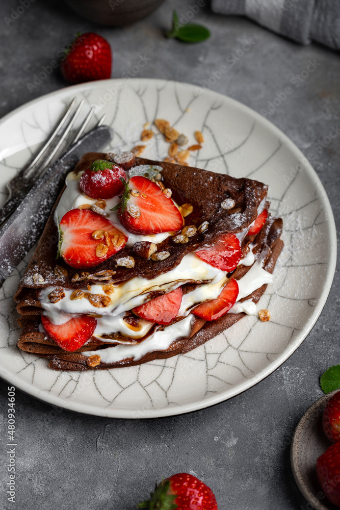 chocolate crepes with cream cheese and strawberries chocolate crepes with cream cheese and strawberries