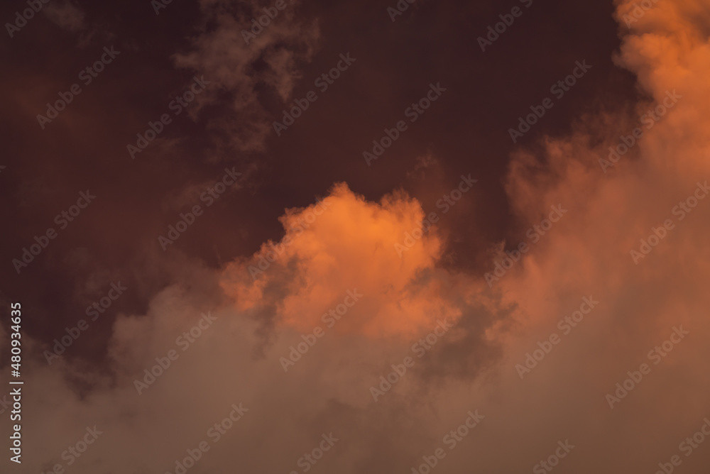 Red clouds in the evening sky were hit by sunlight, Summer sky, Soft focus.