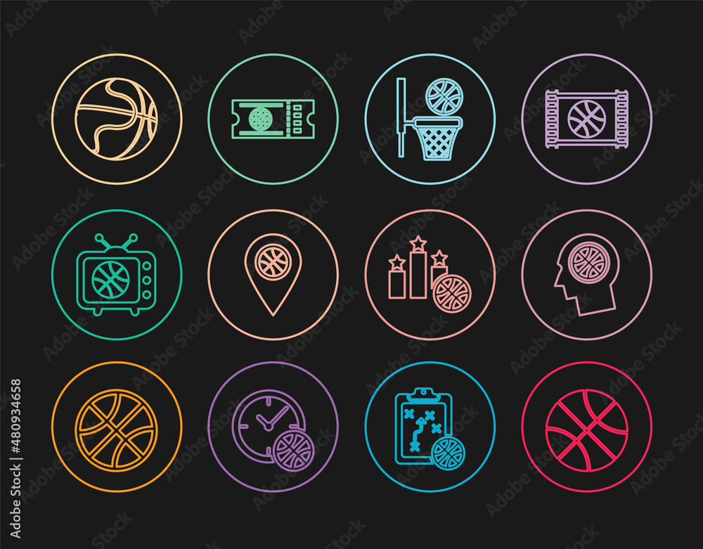 Set line Basketball ball, Thoughts on basketball, and, Location with, match tv, Sports winner podium and game ticket icon. Vector