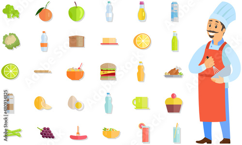 Male pastry chef holding bowl and whisk. Smiling man in apron preparing dessert near food, products icons. Confectioner whips ingredients for dish. Chef works with kitchen equipment to prepare food