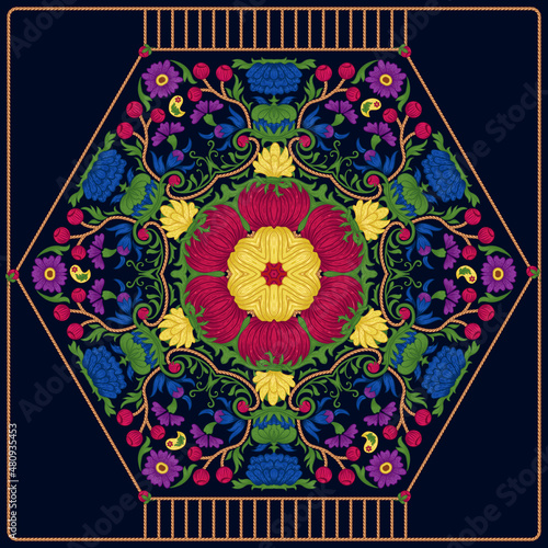 Fantasy flowers in retro, vintage, embroidery style. The design is suitable for shawl, blanket, pillow, pillowcase, napkin, cover or postcard. Vector illustration. 