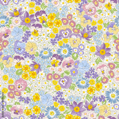 Variety Spring Garden flower hand drawn vector seamless pattern. Vintage Romantic Liberty inspired Petite floral ditsy print. Bloomy calico background for fashion fabric or home textile