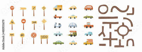 City road map creator elements isolated on white. Road signs, arrows, cars and road parts for kids cartoon vector illustration. Big town collection