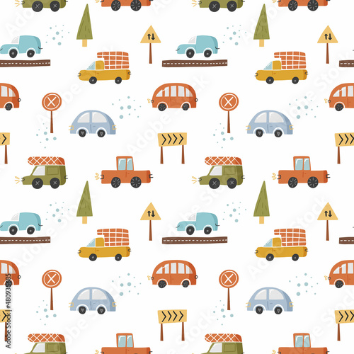 Hand drawn road element seamless pattern for kid. Car, transport, sign, highway abstract illustration. Children scandinavian Cartoon vector background