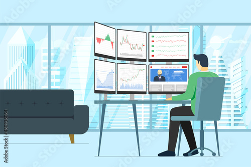 Stock market male trader in office looking at multiple computer screens with financial charts, diagrams and graphs. Business index analysis concept. Man broker exchange trading vector illustration