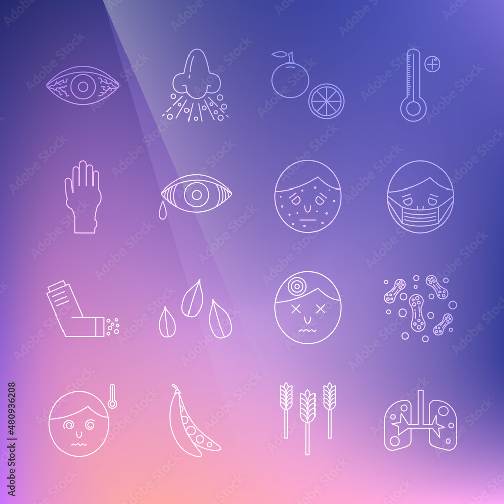 Set line Lungs, Bacteria, Face in protective mask, Orange fruit, Reddish eye allergic conjunctivitis, Hand with psoriasis or eczema, and icon. Vector Set line Lungs, Bacteria, Face in protective mask, Orange fruit, Reddish eye allergic conjunctivitis, Hand with psoriasis or eczema, and icon. Vector