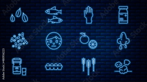 Set line Dust, Runny nose, Hand with psoriasis or eczema, Man excessive sweating, Medicine pill tablet, Sesame seeds, Orange fruit and Fish icon. Vector