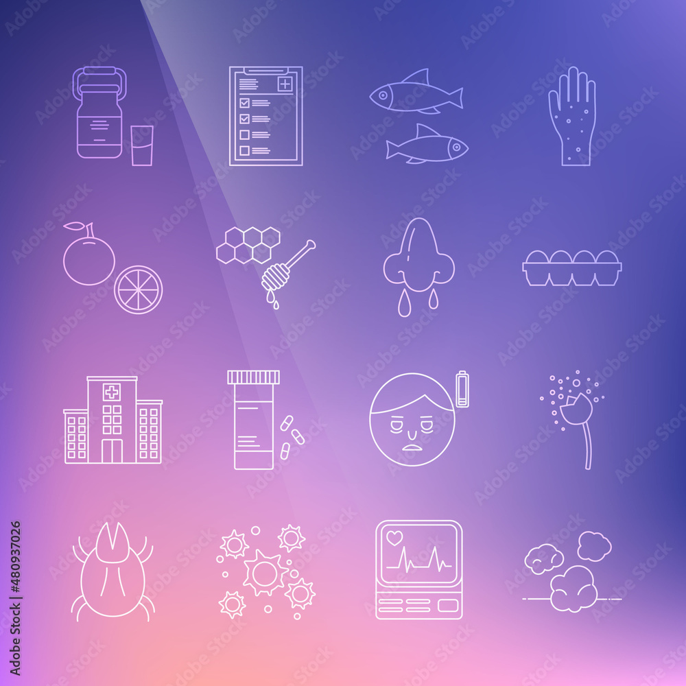 Set line Dust, Flower producing pollen, Chicken egg box, Fish, Honeycomb with honey dipper, Orange fruit, Can container for milk and Runny nose icon. Vector Set line Dust, Flower producing pollen, Chicken egg box, Fish, Honeycomb with honey dipper, Orange fruit, Can container for milk and Runny nose icon. Vector