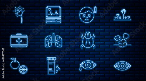 Set line Reddish eye allergic conjunctivitis, Dust, Fatigue, Lungs, First aid kit, Flower producing pollen, Parasite mite and Monitor with cardiogram icon. Vector