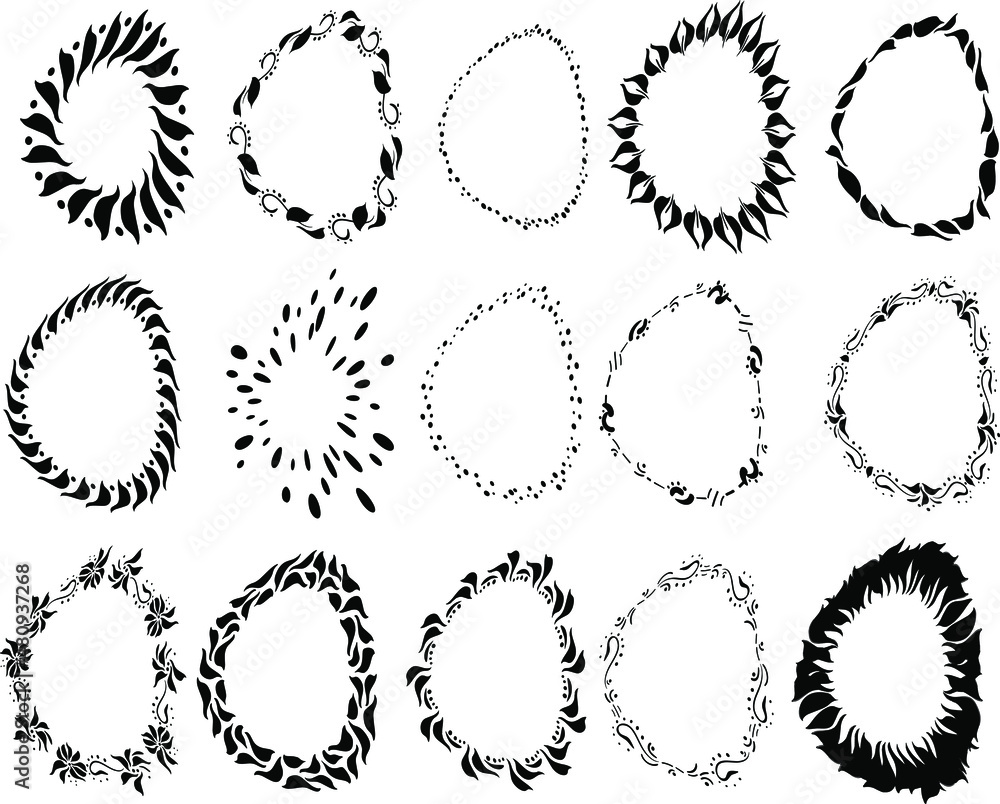 Set, collection. SILHOUETTES of flower wreaths. Set, collection.Black and white ornaments. Graphic, digital drawing with black curls. Insulated round stamp. Set, collection. SILHOUETTES of flower wreaths. Set, collection.Black and white ornaments. Graphic, digital drawing with black curls. Insulated round stamp.