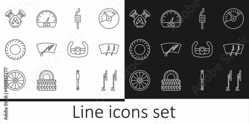 Set line Windscreen wiper, Car muffler, tire, engine, Sport steering wheel and Speedometer icon. Vector
