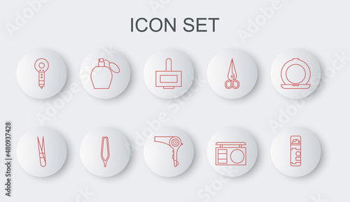 Set line Shaving gel foam, Eyebrow tweezers, Nail polish bottle, shadow palette, Hair dryer, Perfume, and icon. Vector