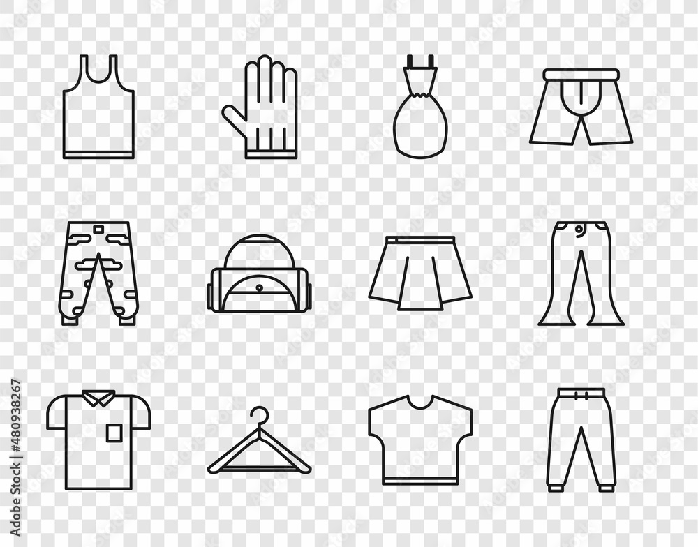Set line Polo shirt, Sport pants, Woman dress, Hanger wardrobe, Sleeveless T-shirt, bag, and Pants icon. Vector Set line Polo shirt, Sport pants, Woman dress, Hanger wardrobe, Sleeveless T-shirt, bag, and Pants icon. Vector