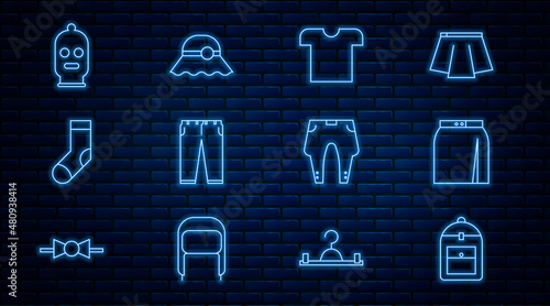 Set line Backpack, Skirt, T-shirt, Pants, Socks, Balaclava, and Elegant women hat icon. Vector