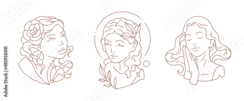 Set linear simple logo antique woman goddess bust with circle frame and flowers vector illustration