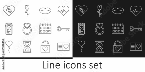 Set line Valentines day flyer with heart, Key shape, Smiling lips, Wedding rings, Mobile, Healed broken, Calendar and Flower rose icon. Vector