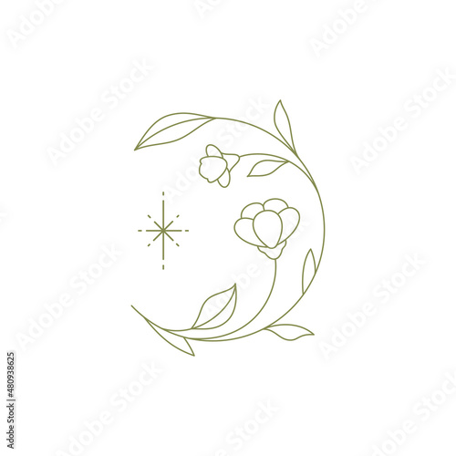 Monochrome line art logo may lily with circle stem and leaves bright star emblem for cosmetic beauty