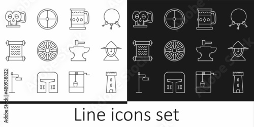 Set line Castle tower, Medieval iron helmet, Wooden mug, Old wooden wheel, Decree, parchment, scroll, Cup from the skull, Anvil for blacksmithing hammer and Round shield icon. Vector