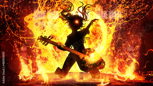 A black silhouette of a bright girl playing an oriental guitar creating a raging fiery lava chaos around her she is a pyro magician musician with long pigtails. hieroglyph on tatami means rock. 2d art