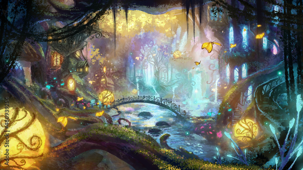 Naklejka premium A colorful forest city of fairies with magical glowing plants, ancient mighty moss-covered trees with beautiful houses glowing windows are built, butterflies and fireflies fly in the air. 2d art