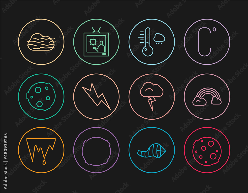 Set line Moon, Rainbow with clouds, Meteorology thermometer, Lightning bolt, Fog and, Storm and Weather forecast icon. Vector Set line Moon, Rainbow with clouds, Meteorology thermometer, Lightning bolt, Fog and, Storm and Weather forecast icon. Vector