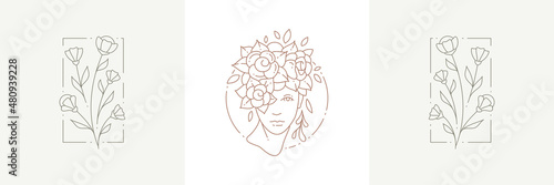 Botanical simple linear icon set frames with female blossom portrait and wild cute flowers bouquet